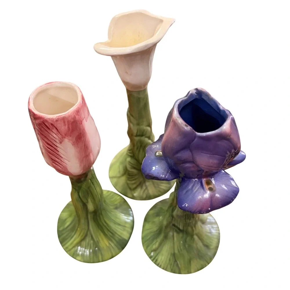 Set of 3 Bud Vases Hand-Painted Ceramic Floral Green Leafy Stems 7.5